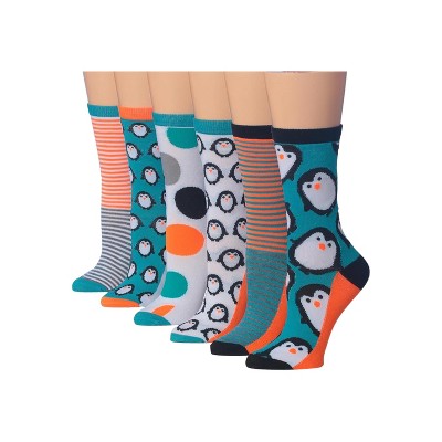 Women's 6 Pairs Lightweight Colorful Teal Penguin Pop Patterned Crew Socks