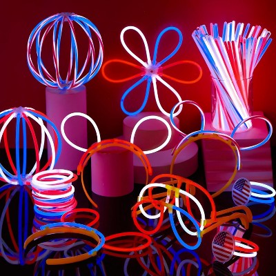 Joyfy 120 Pcs 4th of July Glow Sticks Bulk, 8” Red White Blue Striped Light-Up Sticks, Glow Stick Party Kit for Independence Day Favors Supplies