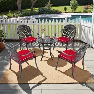 5-Piece Cast Aluminum Outdoor Dining Set: Round Table, Stackable Chairs & Red Cushions - All-Weather Patio Furniture for Your Backyard - 1 of 4