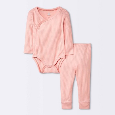 Image of Baby Basic Wide Rib Side Snap Bodysuit & Pants Set - Cloud Island™ Pink 3-6M
