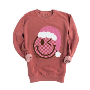 S.W.Smiley Glitter Santa Hat - Women's Garment Dyed Graphic Sweatshirt - 1 of 4