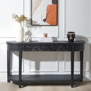Engineered Wood Black Carved Console Table with Lower Storage Shelf and Two Drawers for Entryway, Living Room, and Hallway - 1 of 4