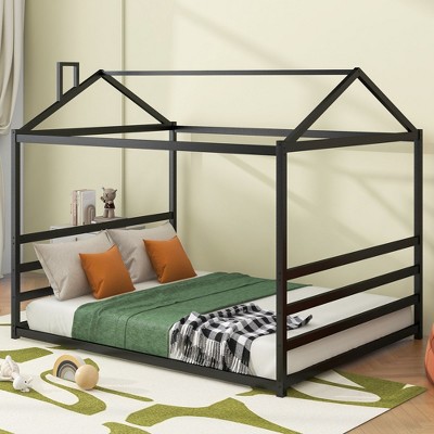 CAVINAS Queen Size House Platform Bed Frame with Chimney,Metal Floor Bed for Kids Room,Bedroom