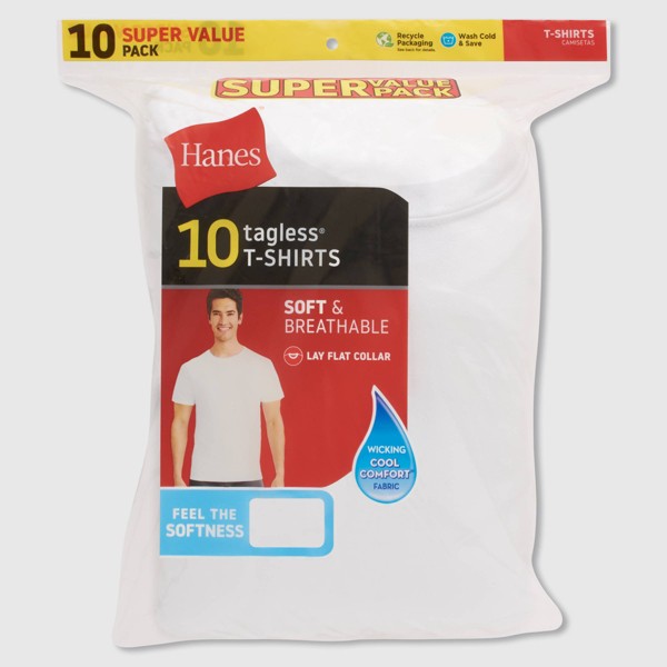 Camiseta interior de cuello redondo que absorbe la humedad para hombre Hanes, paquete de 10 - Blanco 5