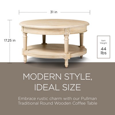 Antiqued White Round Wooden Coffee Table with Shelf Storage