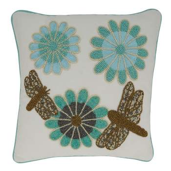 Saro Lifestyle Beaded Flower Pillow - Poly Filled, 16" Square, Blue
