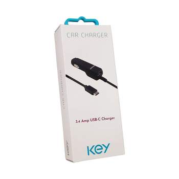 Key 3.4 Amp USB-C Type C Car Charger with Extra USB Port - Black