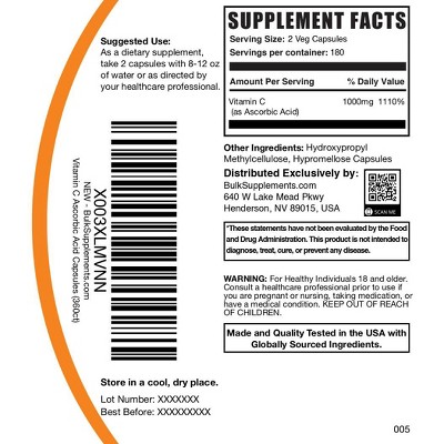 BulkSupplements Ascorbic Acid (Vitamin C) Capsules