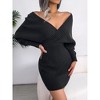 Women's Dress Double Cross V-Neck Ribbed Knit Dress - Puff Sleeve Bodycon Sweater Dress with Open Back for Evening & Casual - 2 of 4