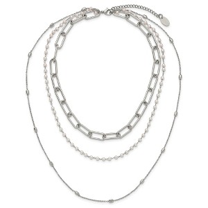 Chisel Stainless Steel Polished Paperclip Link, Beaded Chain and with White Freshwater Cultured Pearl Layered 13.5" Plus a 2" Extension Necklace - 1 of 4