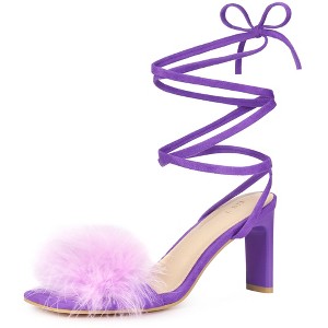 Allegra K Women's Faux Fur Slingback Block Heels Lace Up Sandals - 1 of 4