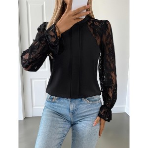 Women's Lace Long Sleeve Blouse Semi High Neck Solid Color Shirt Elegant Dressy Top for Work and Special Occasions - 1 of 4