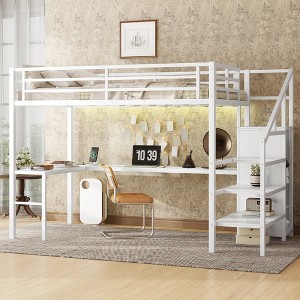 TIRAMISUBEST Full Size Loft Bed with L-Shaped Desk & Wardrobe - USB Ports, LED Lights, Adjustable Shelves for Kids/Teens/Adults, White Metal Frame - 1 of 4