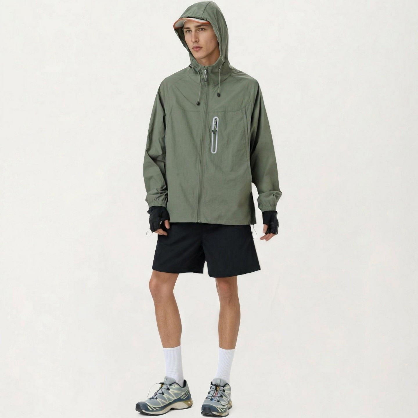 Мужская куртка Alilang Lightweight Windbreaker Jacket with Hood Full Zip Closure Drawstring Detail and Zipper Chest Pocket Design - Large, Olive Green, цвет: Оливковый — фото 3