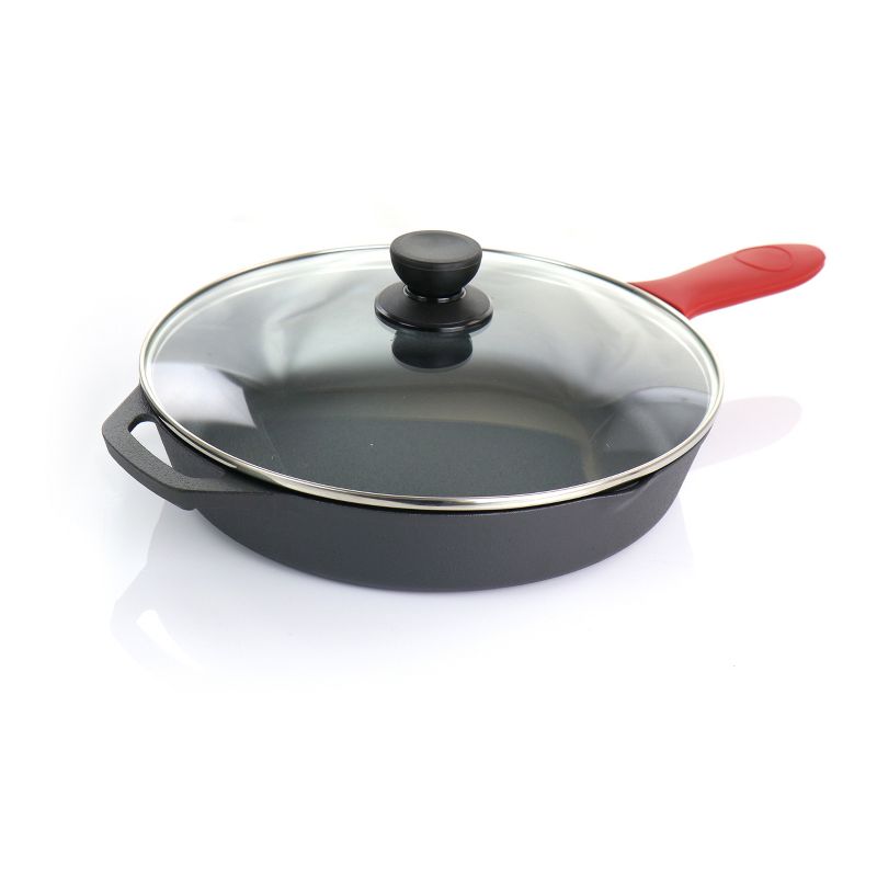 MegaChef Pre-Seasoned 9 Piece Cast Iron Skillet Set with Lids and Red Silicone Holder, 3 of 10