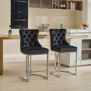Set of 2 Bar Stool Counter Height Bar Stool Dining Chair Pub Stool with Button Back&Rivet Trim, Chromed Metal Base Legs, Velvet Upholstered-ModernLuxe - 1 of 4