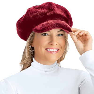 Collections Etc Faux Fur Newsboy Winter Hat, Stylish Plush Cap