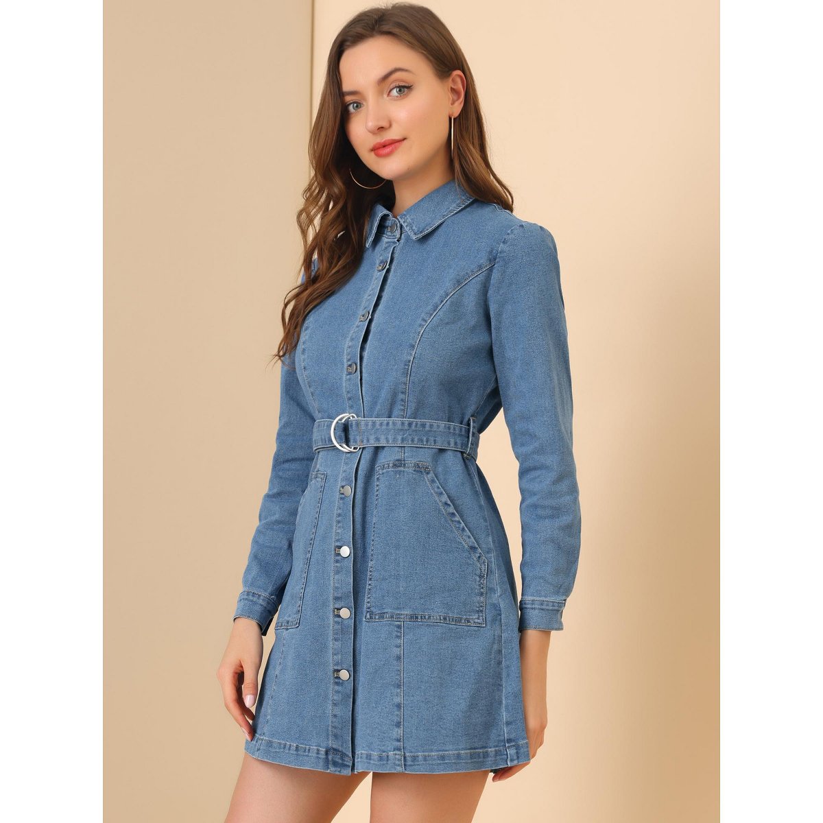 Женские платья INSPIRE CHIC Women's Belted Turn Down Collar Button Down Denim Dress X-Large Light Blue — фото 4