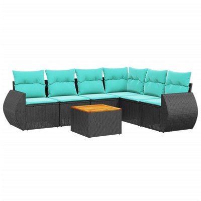 vidaXL 7 Piece Garden Sofa Set with Cushions Black Poly Rattan - 3x middle + corner + 2x sofa + table
