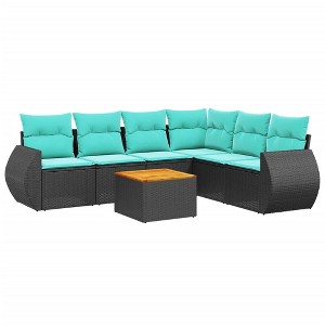 vidaXL 7 Piece Garden Sofa Set with Cushions Black Poly Rattan - 3x middle + corner + 2x sofa + table - 1 of 4