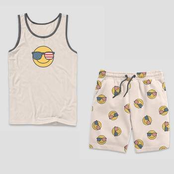 Men's Americana Smiley Face Print Tank Top and Shorts Pajama Set - Light Beige/Charcoal Gray