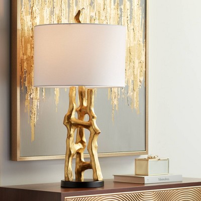 Gold Sculptural Table Lamp with White Drum Shade