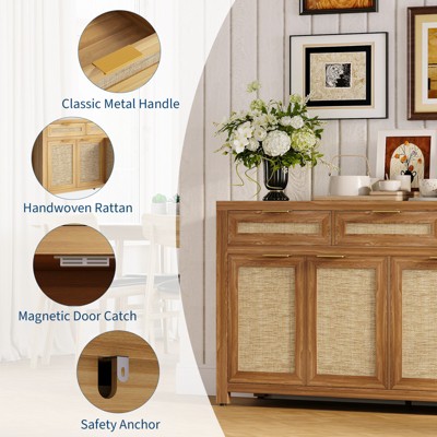 LinTimes Farmhouse Buffet Sideboard Cabinet 63in Storage Credenza W/ Rattan Panels, 3 Drawers, 4 Doors & Adjustable Shelves for Dining Room, Kitchen Dark Oak — фото 2