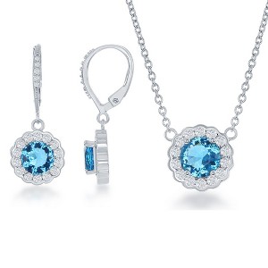 Bella Silver Sterling Silver March Birthstone w/ CZ Border Round Earrings and 18" Pendant Necklace Set - 1 of 3