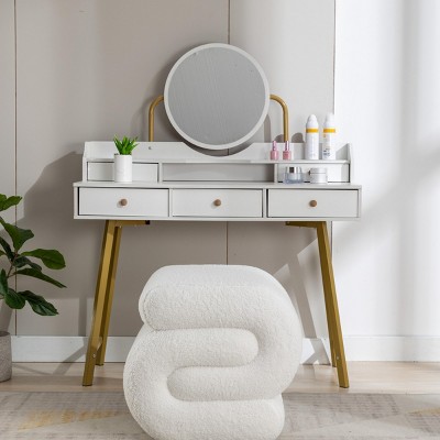 Dressing Table Stool,Modern Teddy Fabric Upholstered Stool Pouf Ottoman S-Shape Stool,Comfy Seat For Makeup Room Bedroom Living Room-Maison Boucle