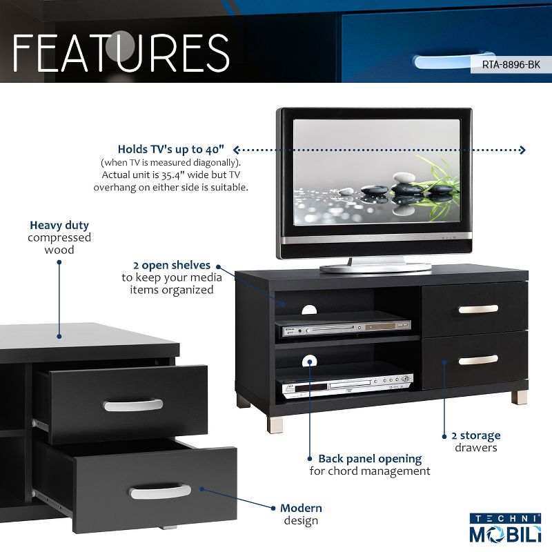 35.6&#34; TV Stand for TVs up to 40&#34; Black - Techni Mobili, 6 of 12