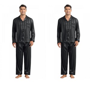 INSPIRE CHIC Men's 2 Pack Satin Long Sleeve Striped Button Down Pajamas Set - 1 of 4