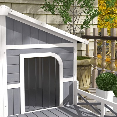 Elevated Large Wooden Dog House with Spacious Sun Deck, Gray