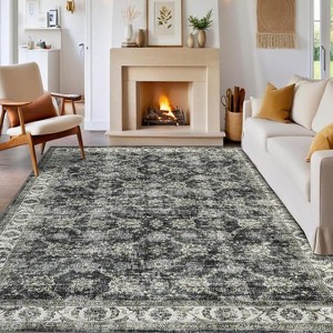 Coucheta Floral Area Rug Indoor Non-Slip, Vintage Distressed Machine Washable Throw Carpet for Bedroom Kitchen Living Room,Multi-Color & Size - 1 of 4
