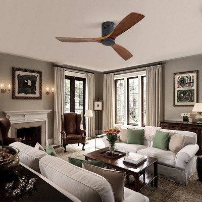 52 Inch Low Profile Ceiling Fan DC 3 Solid Wood Fan Blade Noiseless Reversible Motor Remote Control Without Light