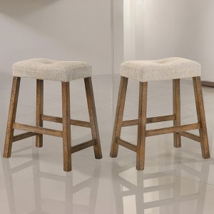 Backless Rustic Counter Stools Set of 2 with Polyester Fabric Seat and Solid Wood Frame for Kitchen Island, Bar, or Dining Area - 1 of 4