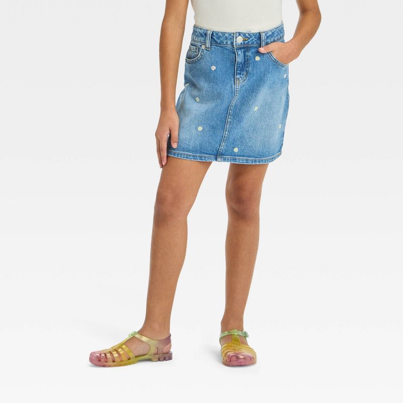 Girls&#39; High-Rise Daisy Embroidered Jean Skirt - Cat &#38; Jack&#8482; Medium Wash, 1 of 6