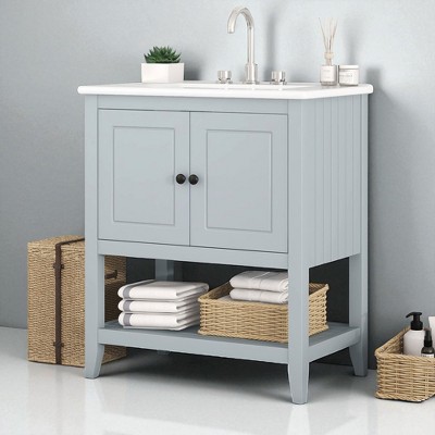 30" Bathroom Vanity with Ceramic Sink, Solid Pine Frame, Cabinet and Open Shelf, Modern Morandi Style