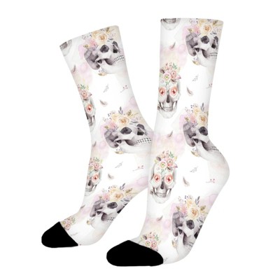 Floral Skull Women Printed Crew Socks Funny Funky Socks Soft Polyester Novelty Gifts for Artists Men