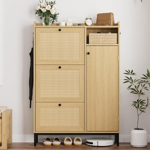 Rattan Shoe Storage Cabinet with 3 Flip Drawers, Shoe Cabinet Freestanding Shoe Organizer Cabinet with Adjustable Shelves, Shoe Cabinet Storage - 1 of 4