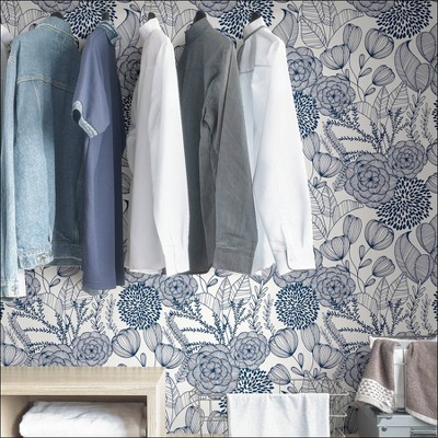 Navy Floral Garden Peel and Stick Wallpaper, Self-Adhesive Vinyl