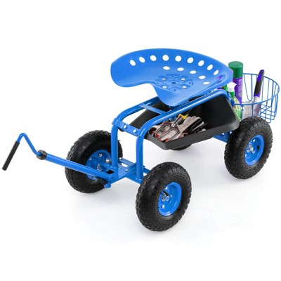 Tangkula Rolling Garden Cart Scooter w/ Adjustable Seat Storage Basket Tray Blue
