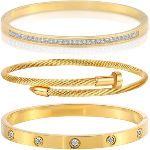 Gold Stackable Bracelets for Women - 3 Piece Stainless Steel Bangles with Love & Friendship Theme, Crystal Accents - 1 of 4