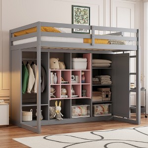 Whisen Twin Size Wood Loft Bed, Smart Storage with Wardrobe, Shelves & Cabinet, Colorful Design - 1 of 4