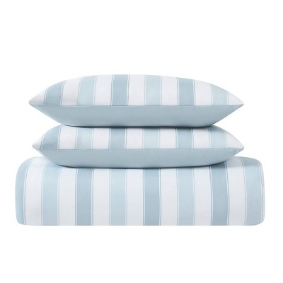 Full/Queen Blue and White Cotton Striped Duvet Cover Set