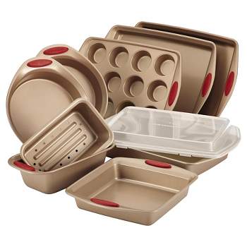 Rachael Ray 10 Piece Nonstick Bakeware Set with Handle Grips - Latte Brown with Cranberry Red