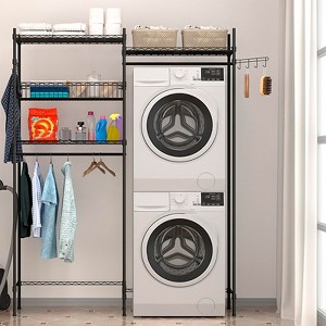Over Washer and Dryer Shelves, 4 Tiers Laundry Room Standing Dry Racks, Metal Freestanding Clothes Drying Rack with Hamper and Hooks - 1 of 4