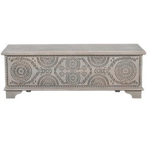 HomeRoots 54" Gray Carved Geo Scroll Solid Wood Storage Ottoman - 1 of 4