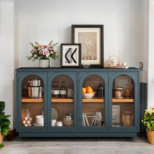 4-Door Large Storage Buffet Cabinet with Glass Doors,Arched Accent Cabinet with Adjustable Shelves & Cable Hole,Solid Wood,Sideboard Storage - 1 of 4