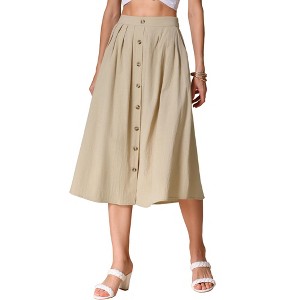 INSPIRE CHIC Women's A-Line Casual Midi Skirt Cotton Elastic Waist Button Front with Pocket - 1 of 4