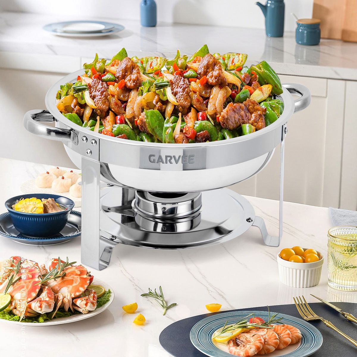 5 QT Round Chafing Dishes for Buffet, Stainless Steel Food Warmer Set with Glass Lid, Food & Water Pans, Fuel Holder for Weddings Parties Catering - thumbnail 9